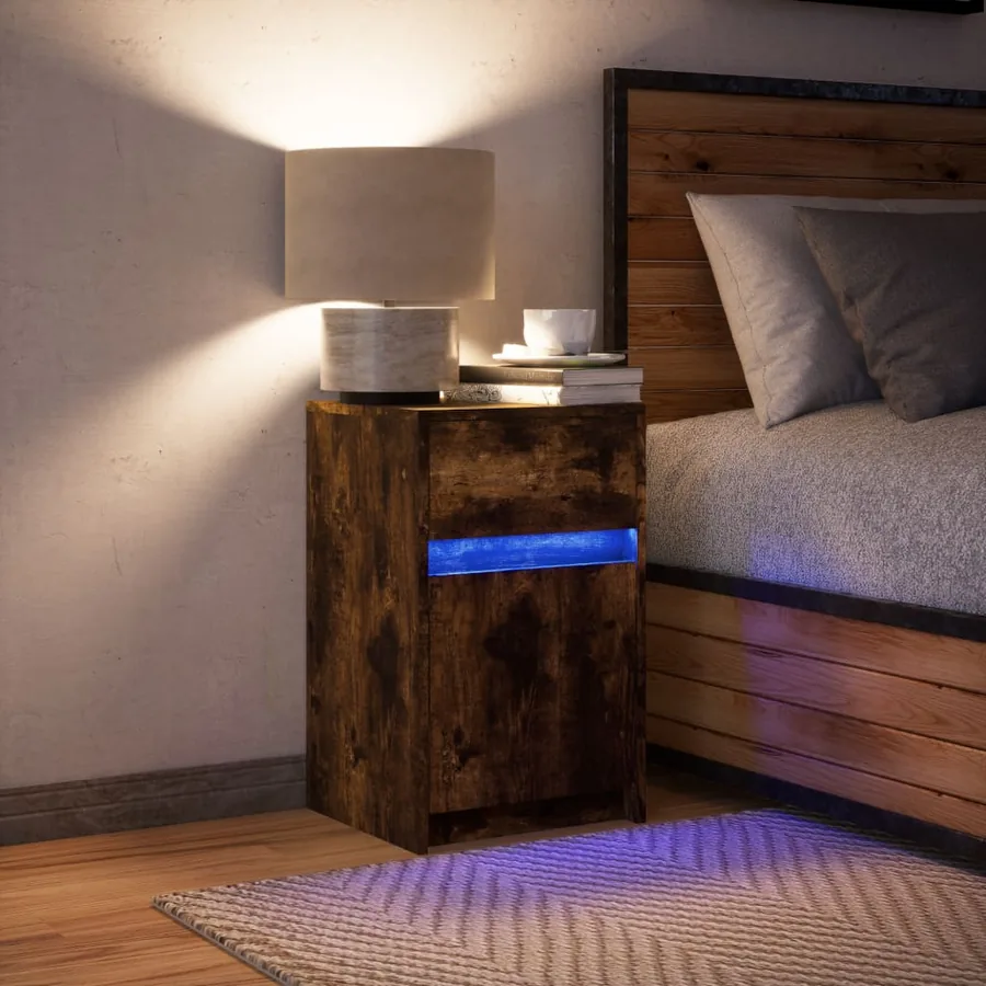 Armoire de chevet et lumières LED chêne fumé bois d'ingénierie - 4