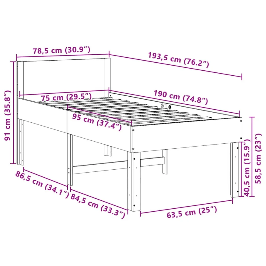 Cadre de lit sans matelas 75x190 cm bois de pin massif - 9