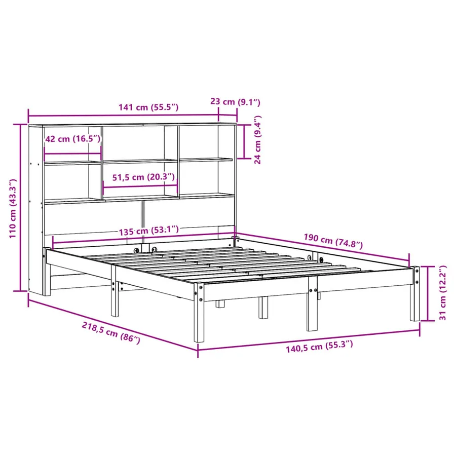 Lit bibliothèque sans matelas cire marron 135x190 cm pin massif - 12