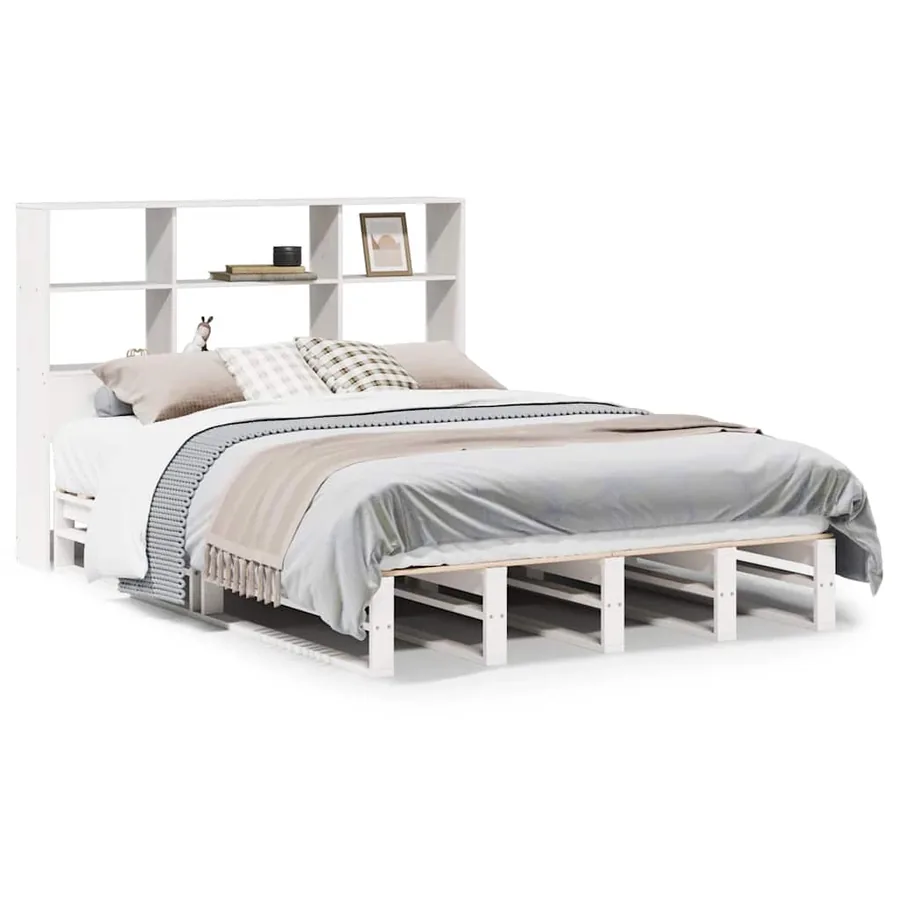 Lit bibliothèque sans matelas blanc 140x190 cm bois massif - 2