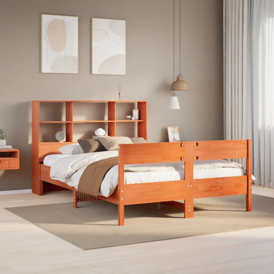 Lit bibliothèque sans matelas cire marron 135x190 cm pin massif
