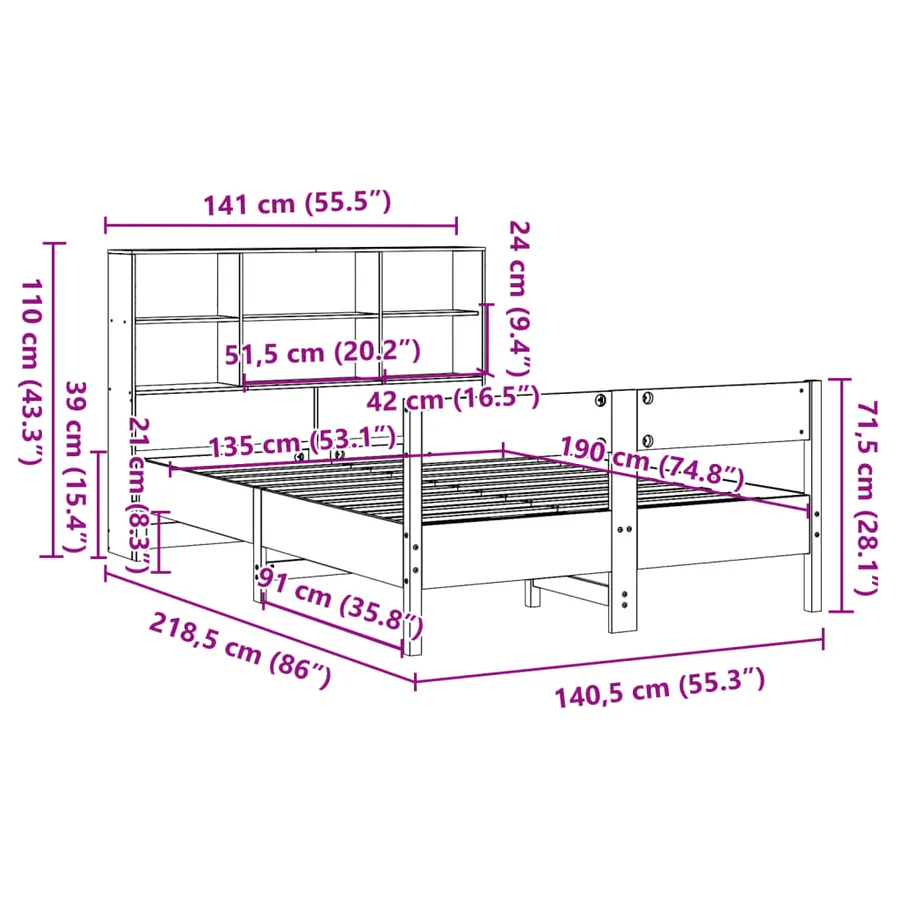 Lit bibliothèque sans matelas cire marron 135x190 cm pin massif - 12
