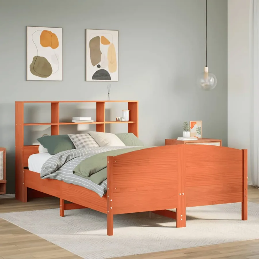 Lit bibliothèque sans matelas cire marron 135x190 cm pin massif