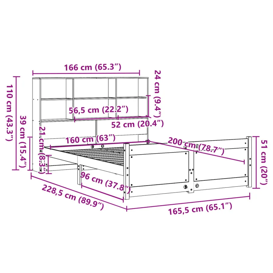 Lit bibliothèque sans matelas 160x200 cm bois massif de pin - 11