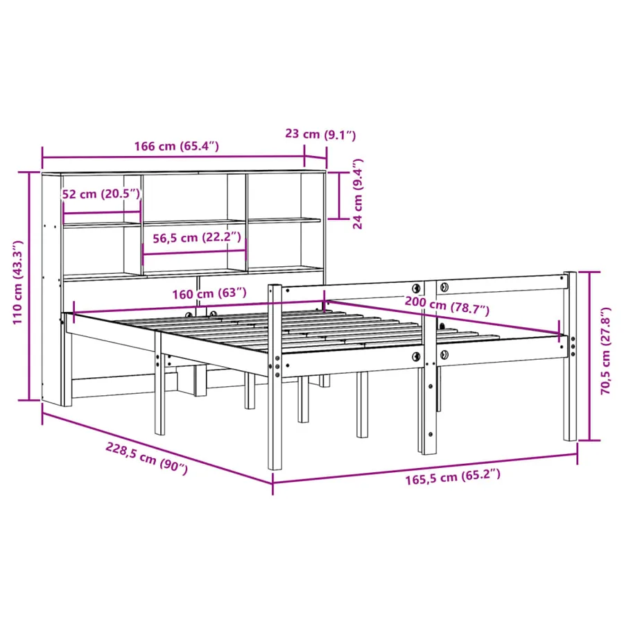 Lit bibliothèque sans matelas blanc 160x200 cm bois pin massif - 12
