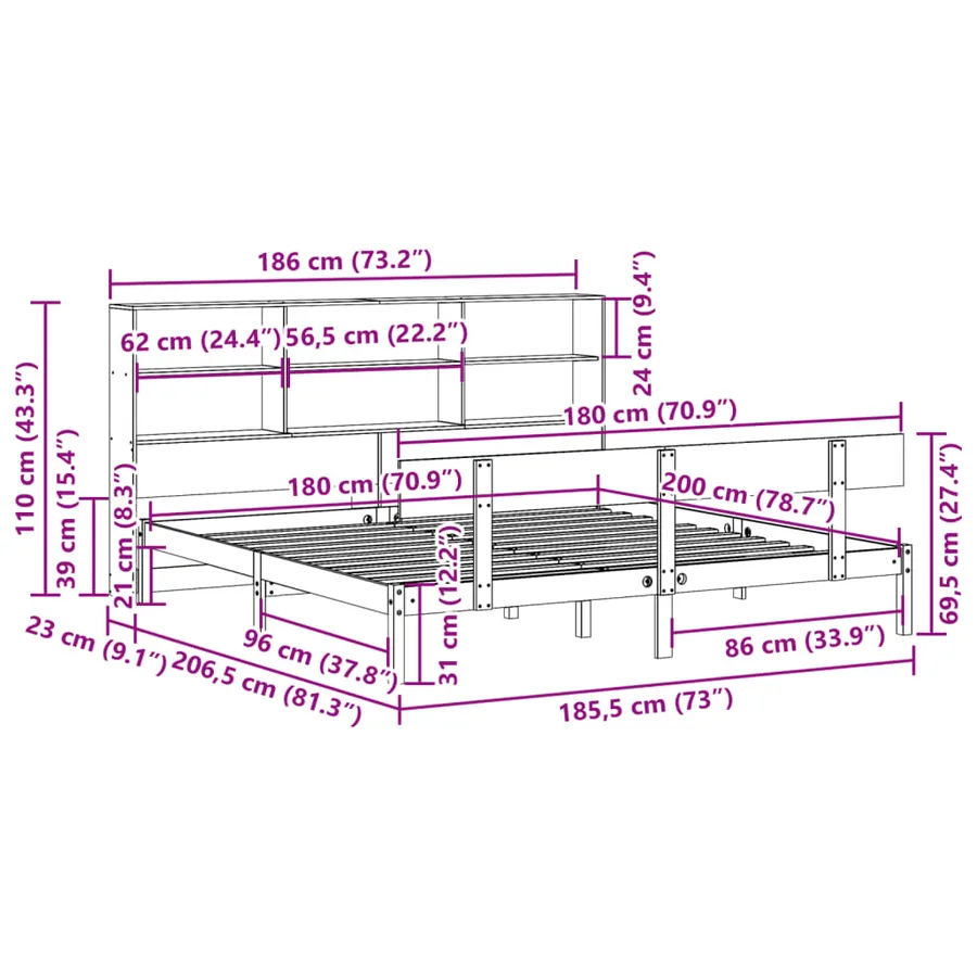 Lit bibliothèque sans matelas blanc 180x200 cm bois pin massif - 11