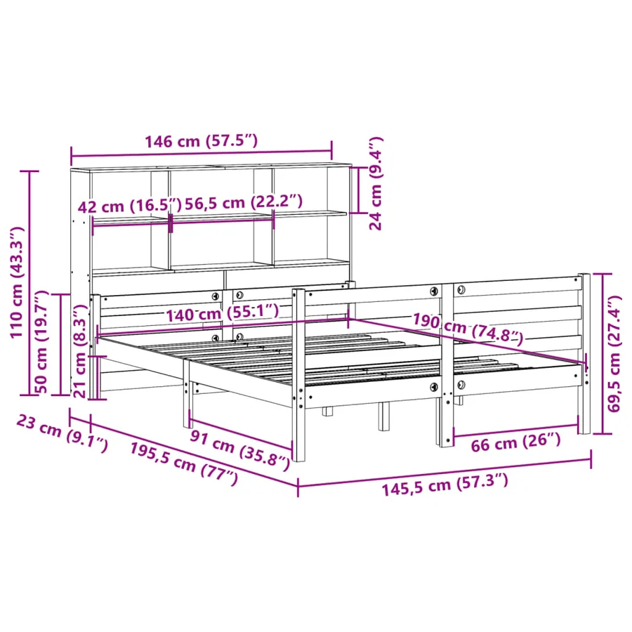 Lit bibliothèque sans matelas 140x190 cm bois de pin massif - 11