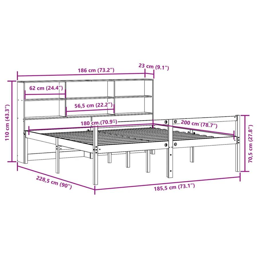 Lit bibliothèque sans matelas blanc 180x200 cm bois pin massif - 12