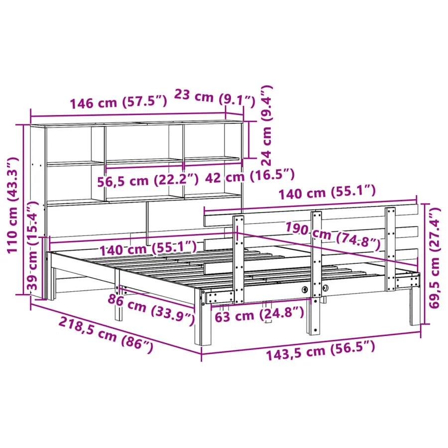 Lit bibliothèque sans matelas cire marron 140x190 cm pin massif - 11