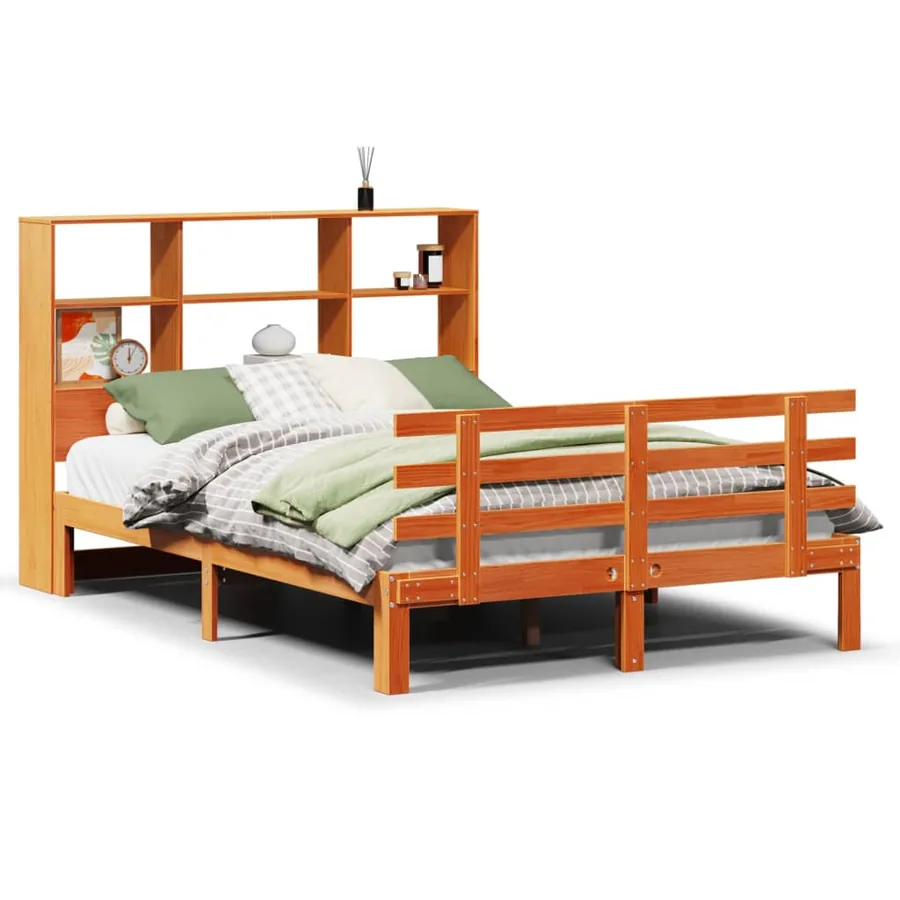 Lit bibliothèque sans matelas cire marron 140x190 cm pin massif - 2