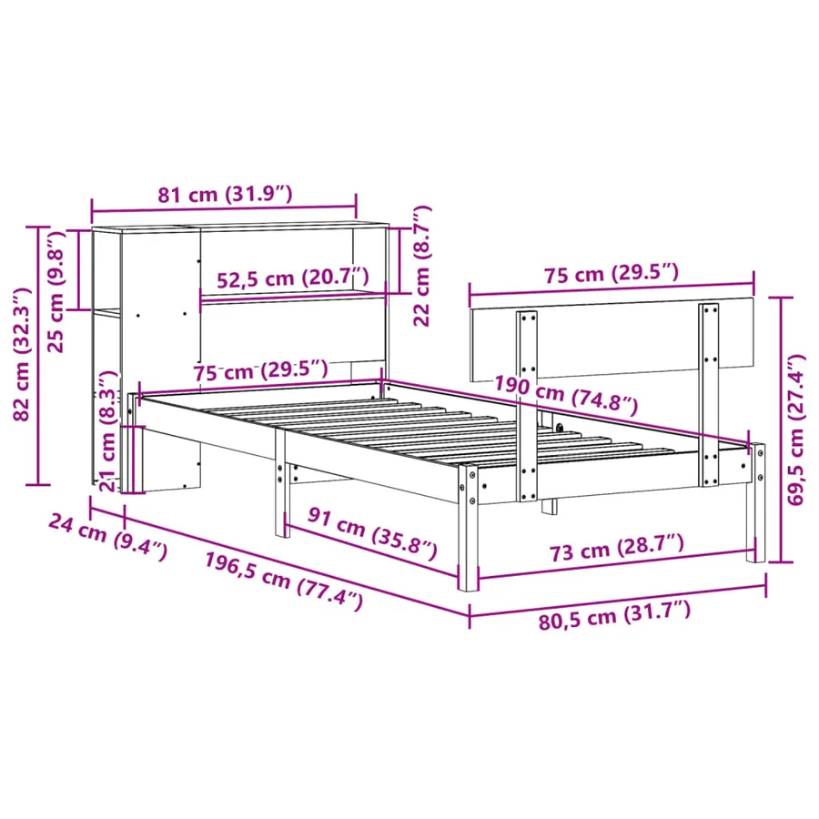 Lit bibliothèque sans matelas blanc 75x190cm bois de pin massif - 11