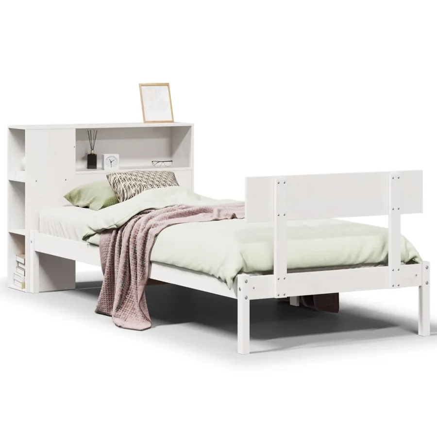 Lit bibliothèque sans matelas blanc 75x190cm bois de pin massif - 2
