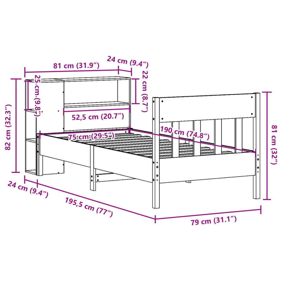 Lit bibliothèque sans matelas blanc 75x190cm bois de pin massif - 12