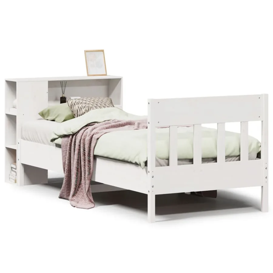 Lit bibliothèque sans matelas blanc 75x190cm bois de pin massif - 2