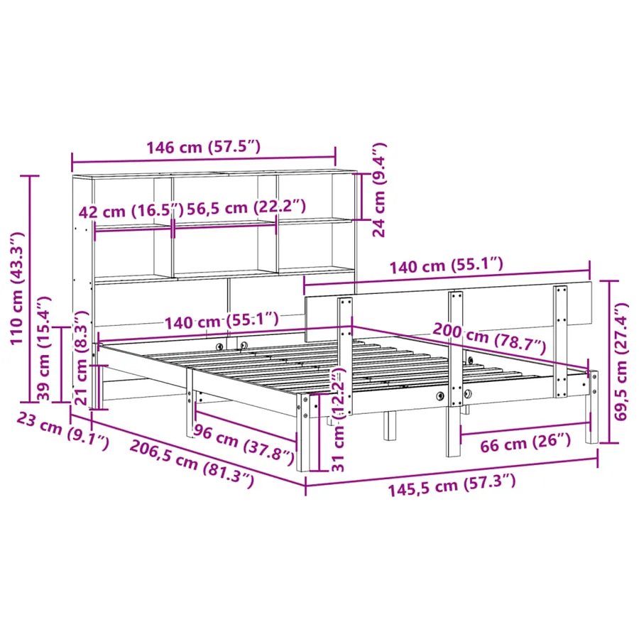 Lit bibliothèque sans matelas 140x200 cm bois massif de pin - 11