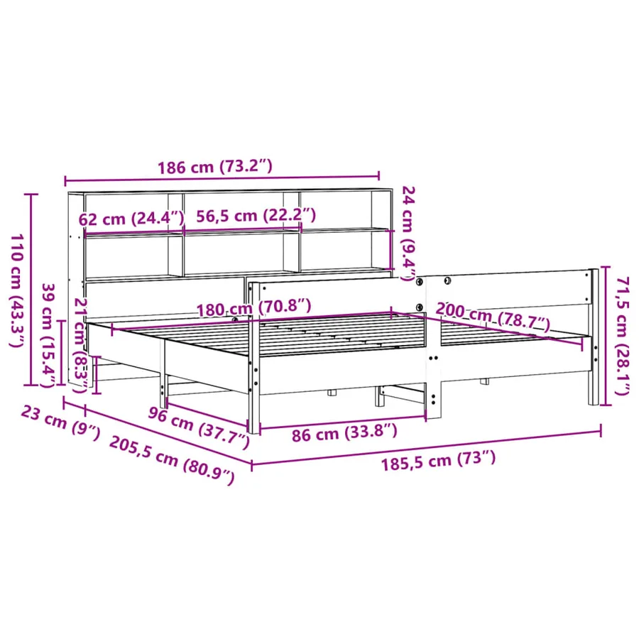Lit bibliothèque sans matelas blanc 180x200 cm bois pin massif - 12
