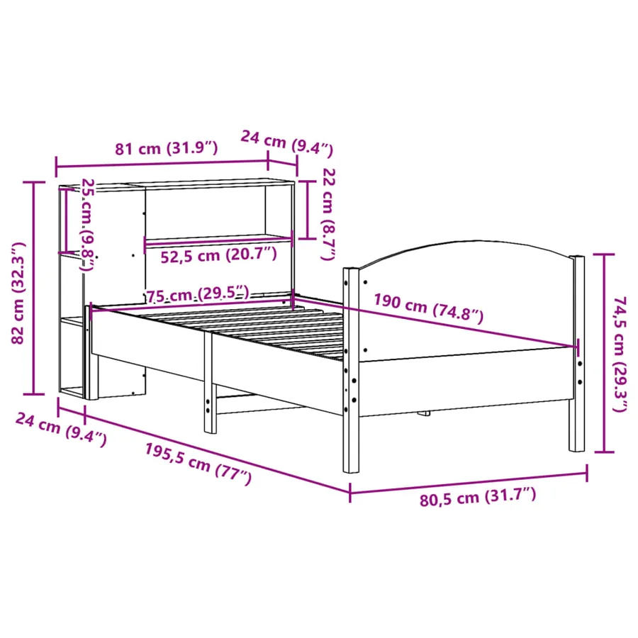 Lit bibliothèque sans matelas blanc 75x190cm bois de pin massif - 12