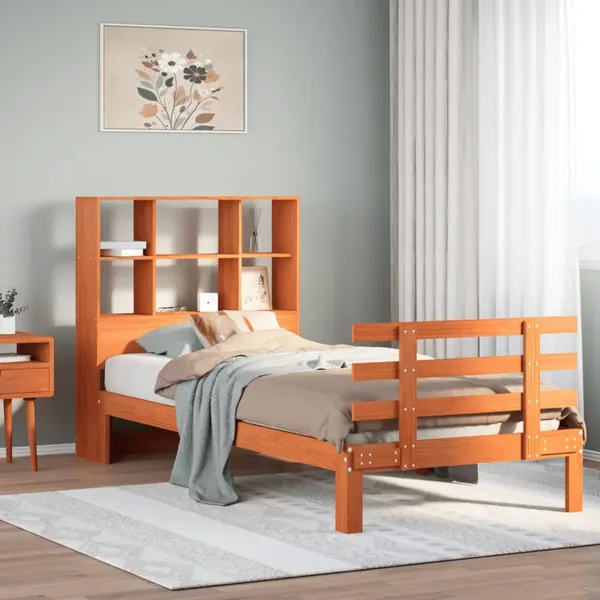 Lit bibliothèque sans matelas cire marron 100x200 cm pin massif