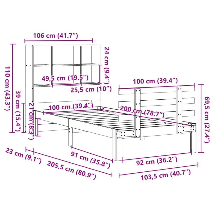 Lit bibliothèque sans matelas cire marron 100x200 cm pin massif - 11