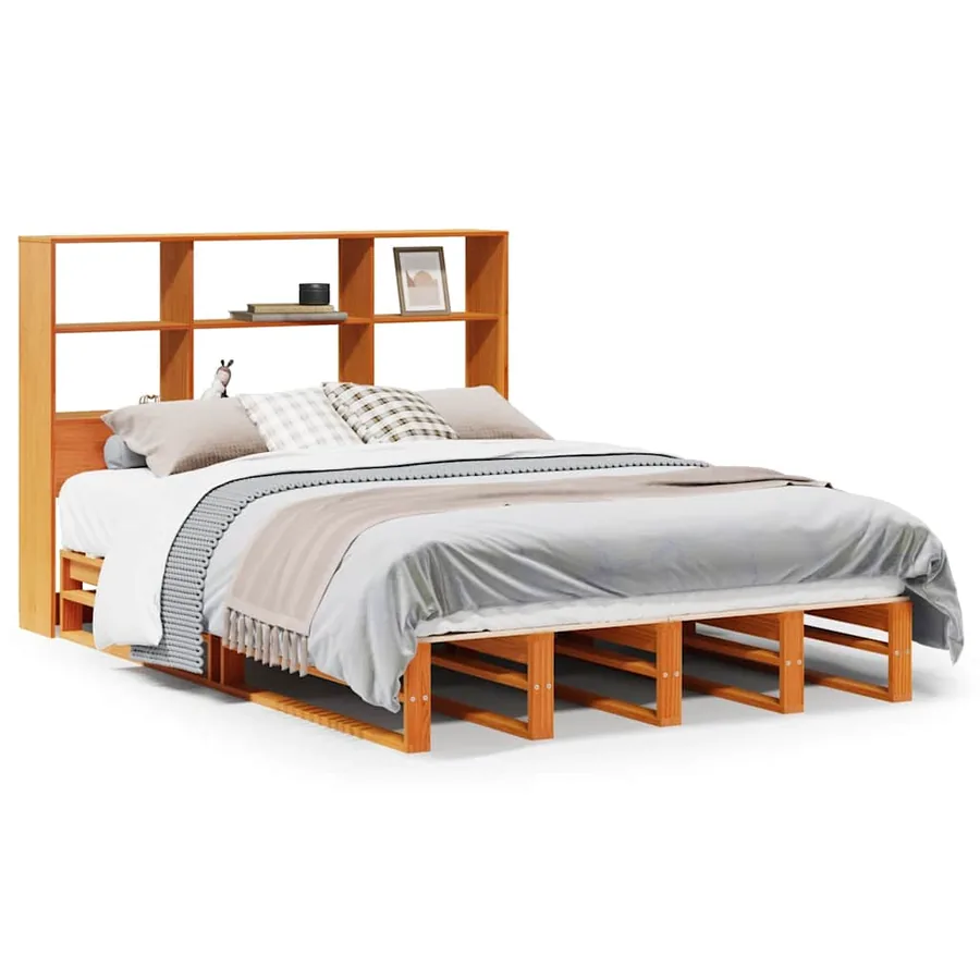 Lit bibliothèque sans matelas cire marron 140x200cm bois massif - 2