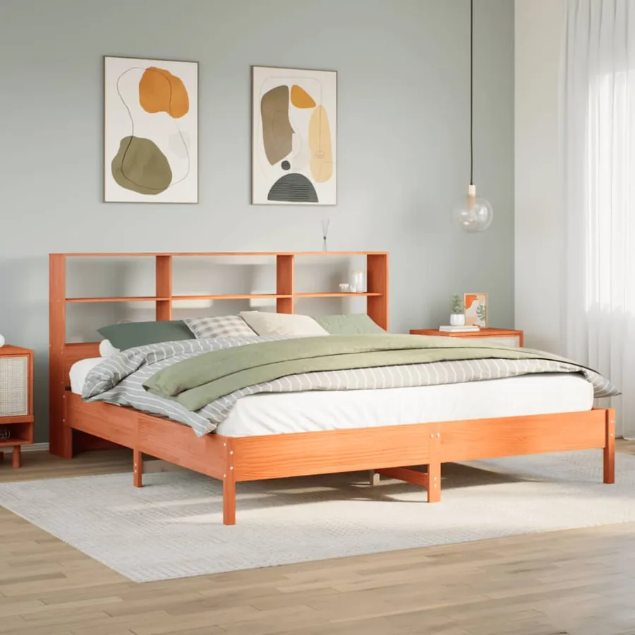 Lit bibliothèque sans matelas cire marron 180x200 cm pin massif