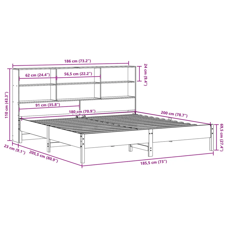 Lit bibliothèque sans matelas cire marron 180x200 cm pin massif - 11