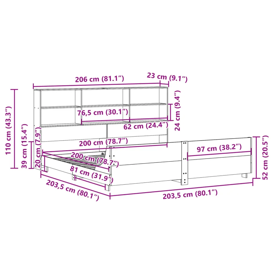 Cadre de lit sans matelas cire marron 200x200cm bois pin massif - 12
