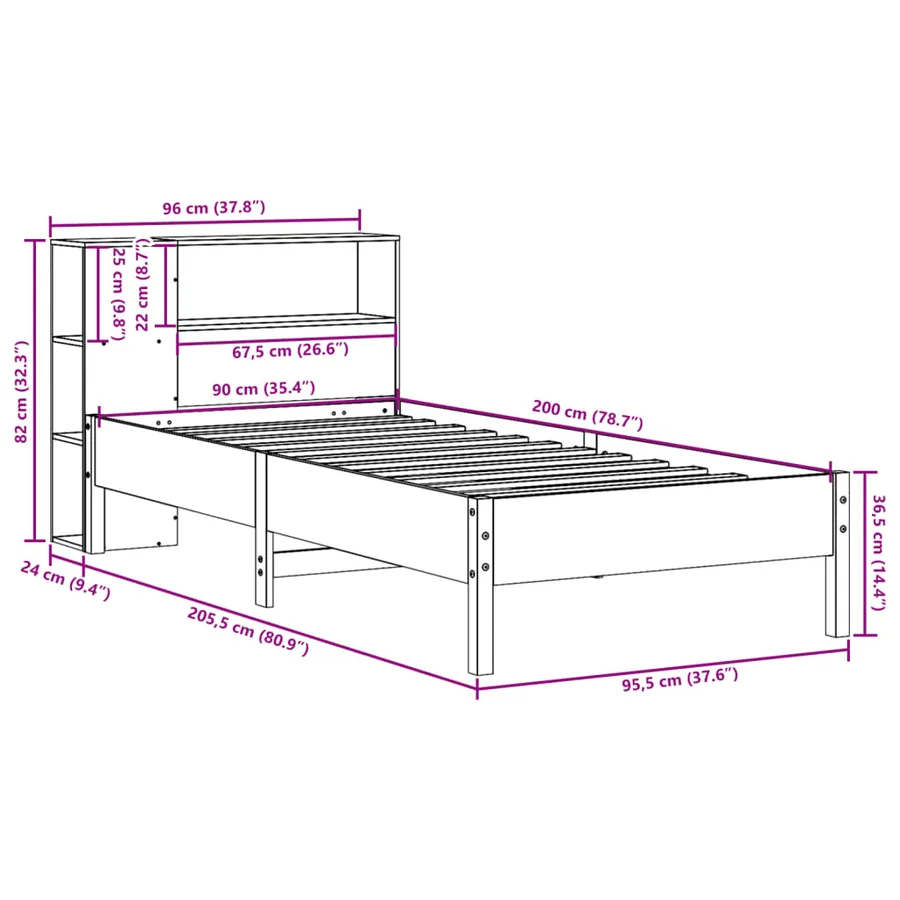 Lit bibliothèque sans matelas 90x200 cm bois de pin massif - 11