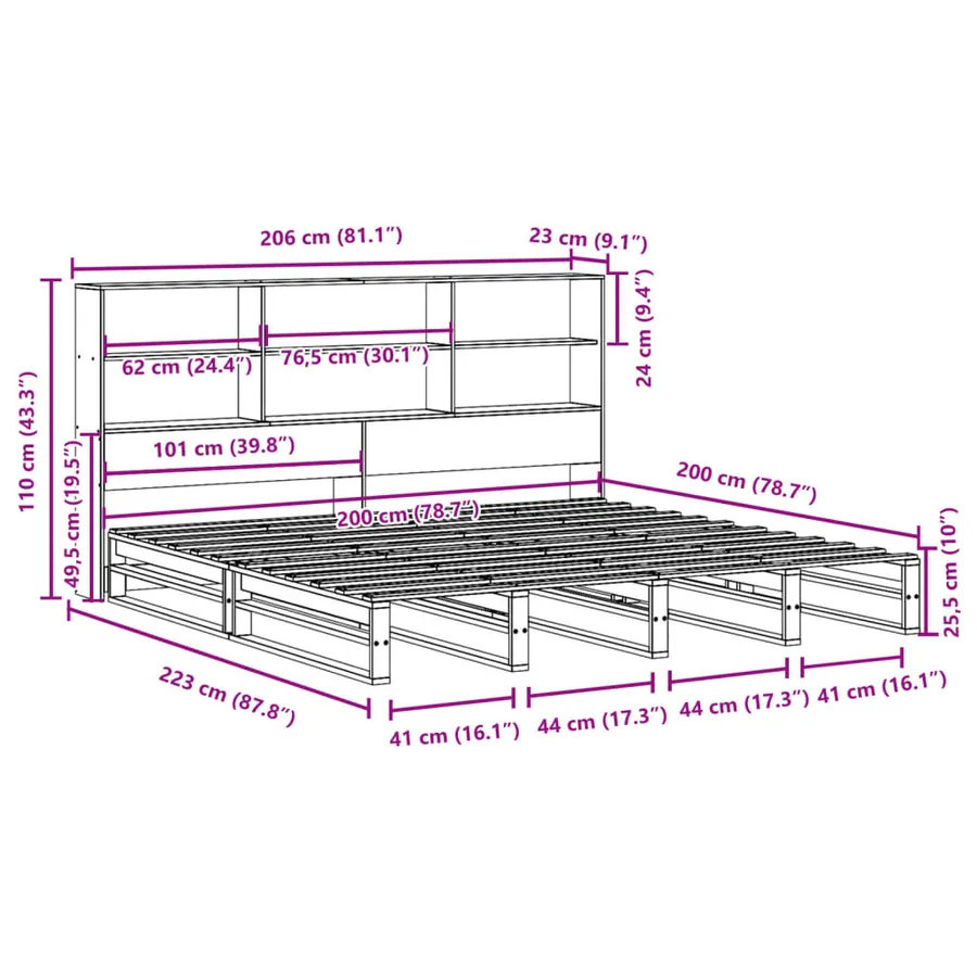 Lit bibliothèque sans matelas cire marron 200x200cm bois massif - 12