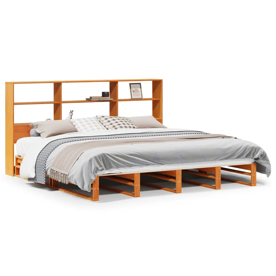 Lit bibliothèque sans matelas cire marron 200x200cm bois massif - 2