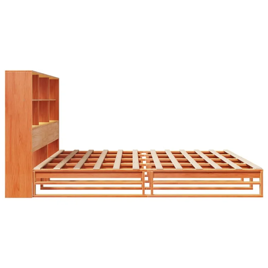Lit bibliothèque sans matelas cire marron 200x200cm bois massif - 7