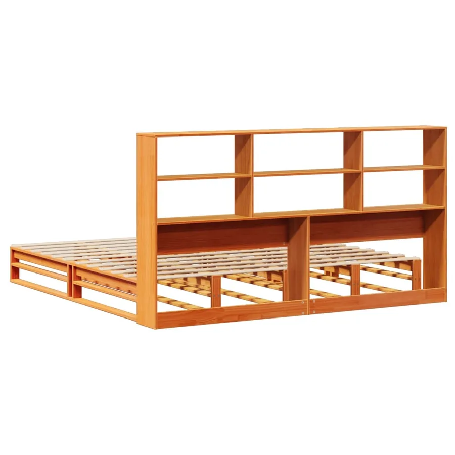 Lit bibliothèque sans matelas cire marron 200x200cm bois massif - 8
