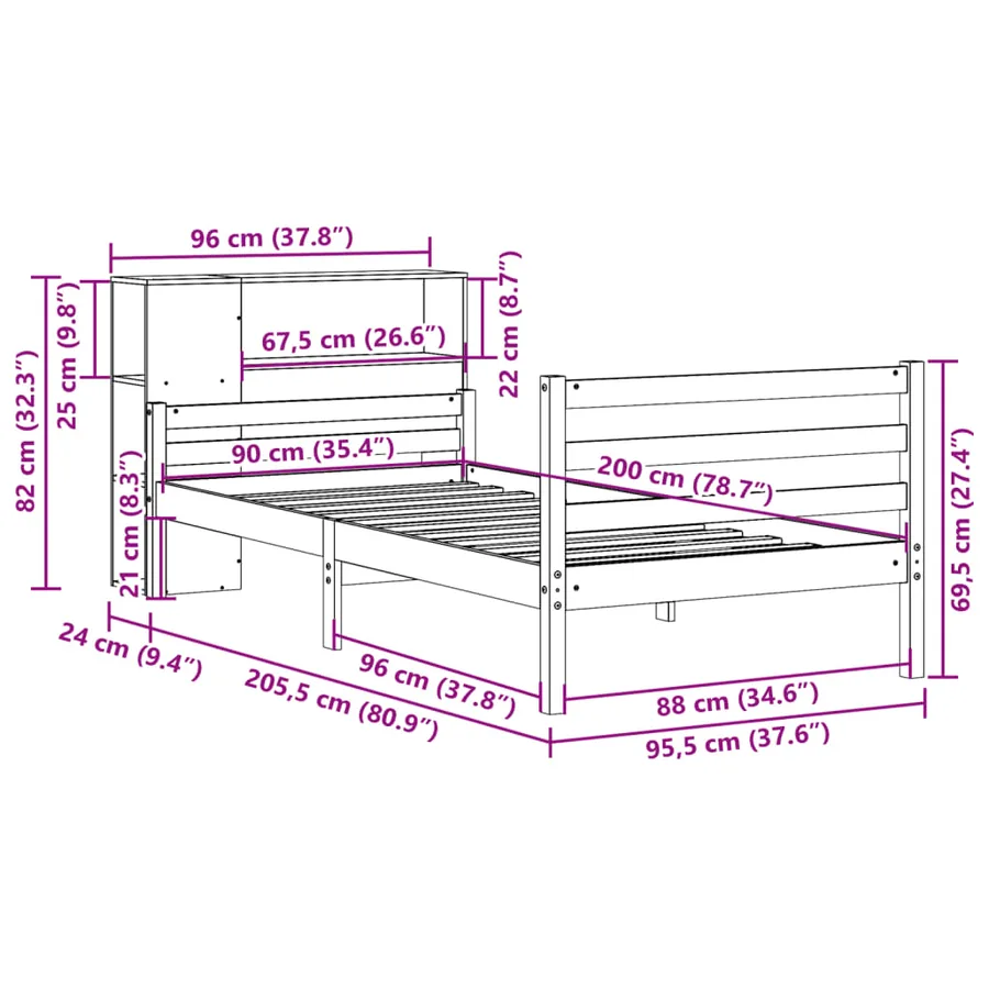 Lit bibliothèque sans matelas 90x200 cm bois de pin massif - 11