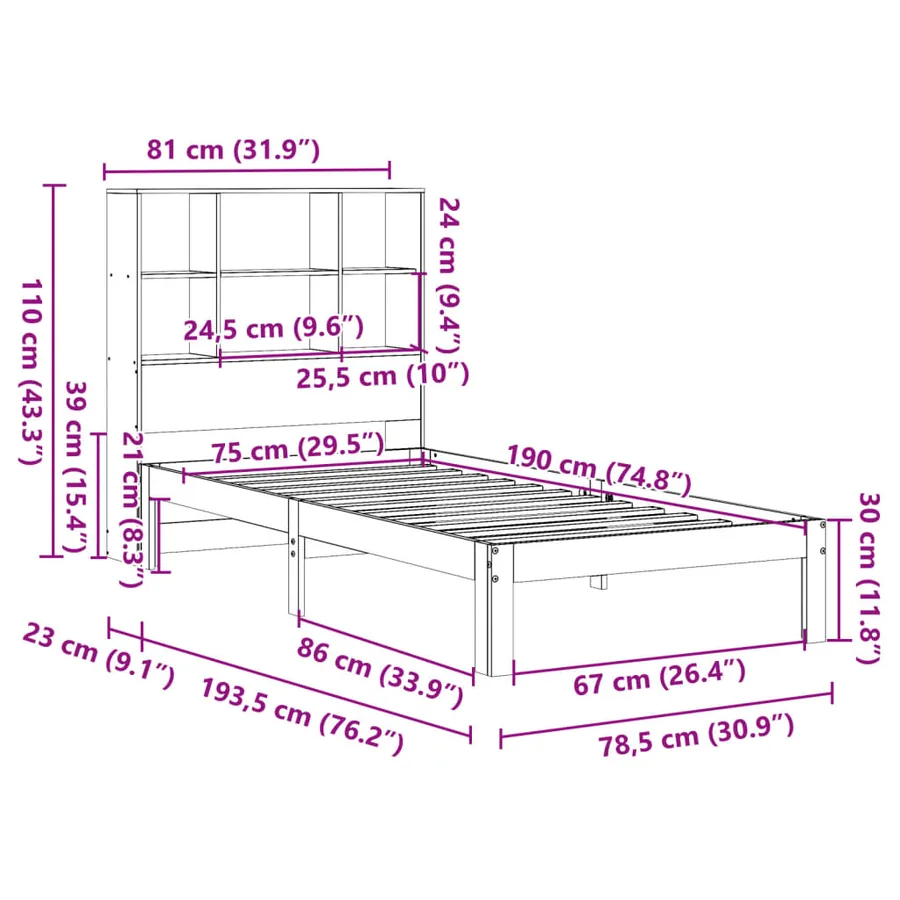 Lit bibliothèque sans matelas cire marron 75x190 cm pin massif - 11