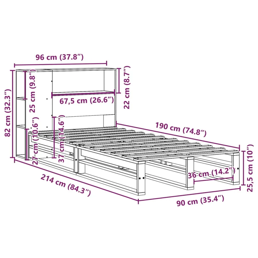 Lit bibliothèque sans matelas 90x190 cm bois massif - 12