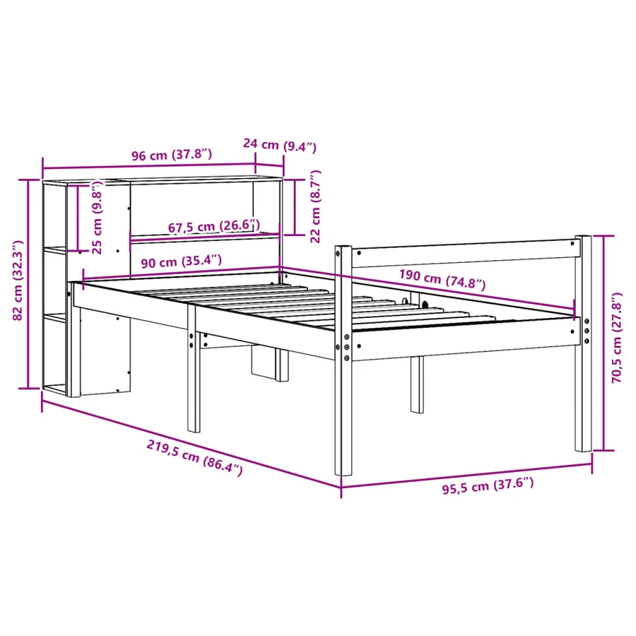 Lit bibliothèque sans matelas 90x190 cm bois de pin massif - 12