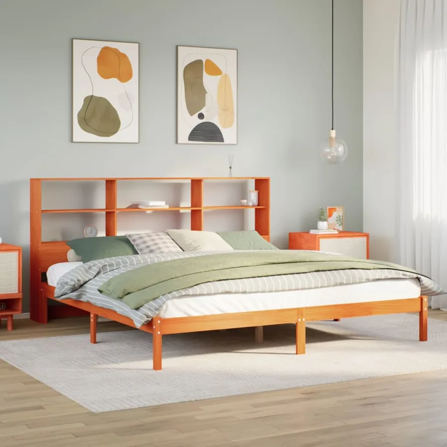 Lit bibliothèque sans matelas cire marron 200x200 cm pin massif