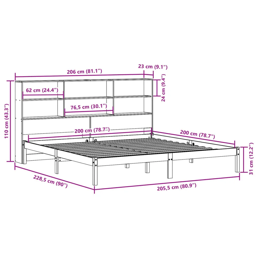 Lit bibliothèque sans matelas cire marron 200x200 cm pin massif - 12