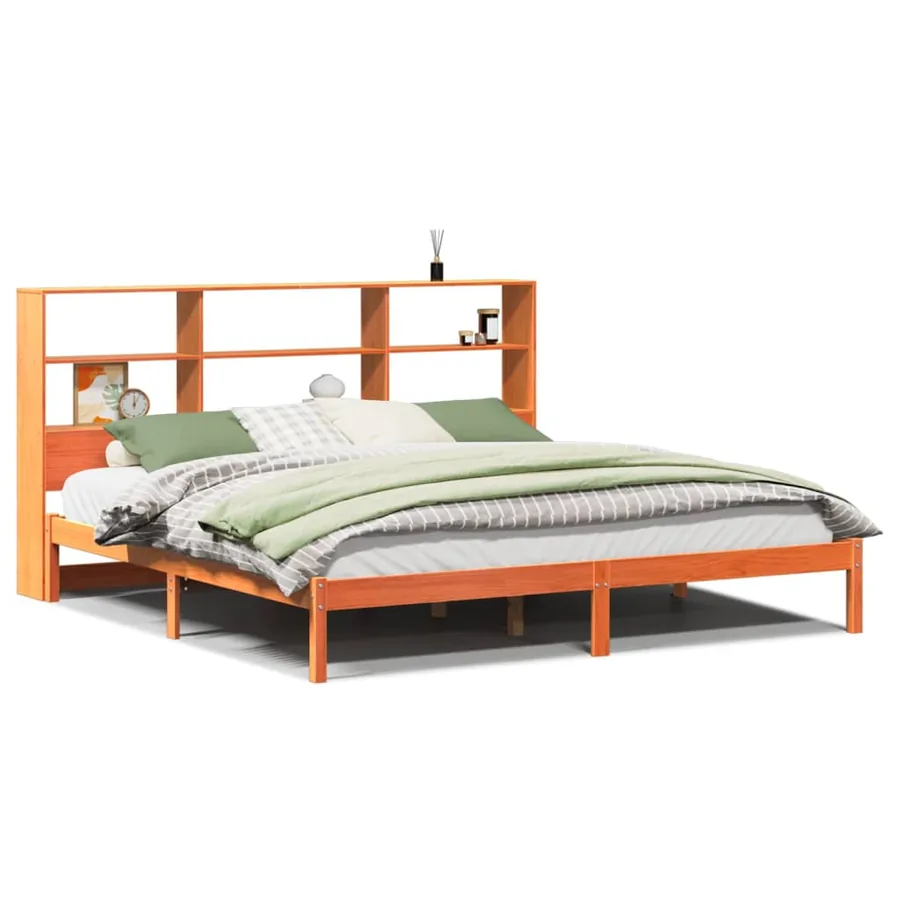 Lit bibliothèque sans matelas cire marron 200x200 cm pin massif - 2