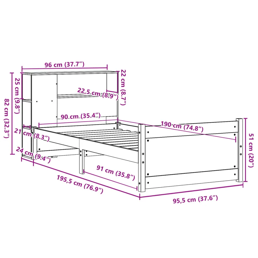 Lit bibliothèque sans matelas 90x190 cm bois de pin massif - 11