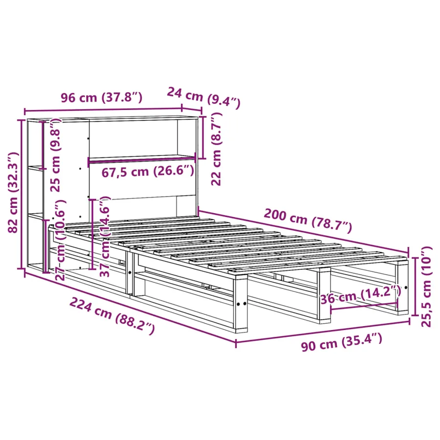 Lit bibliothèque sans matelas 90x200 cm bois massif - 12