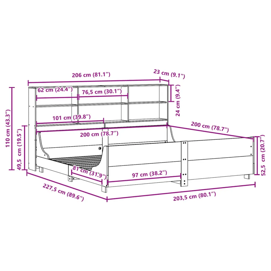 Lit bibliothèque sans matelas cire marron 200x200cm bois massif - 12