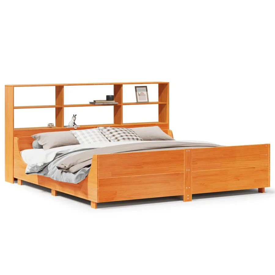 Lit bibliothèque sans matelas cire marron 200x200cm bois massif - 2