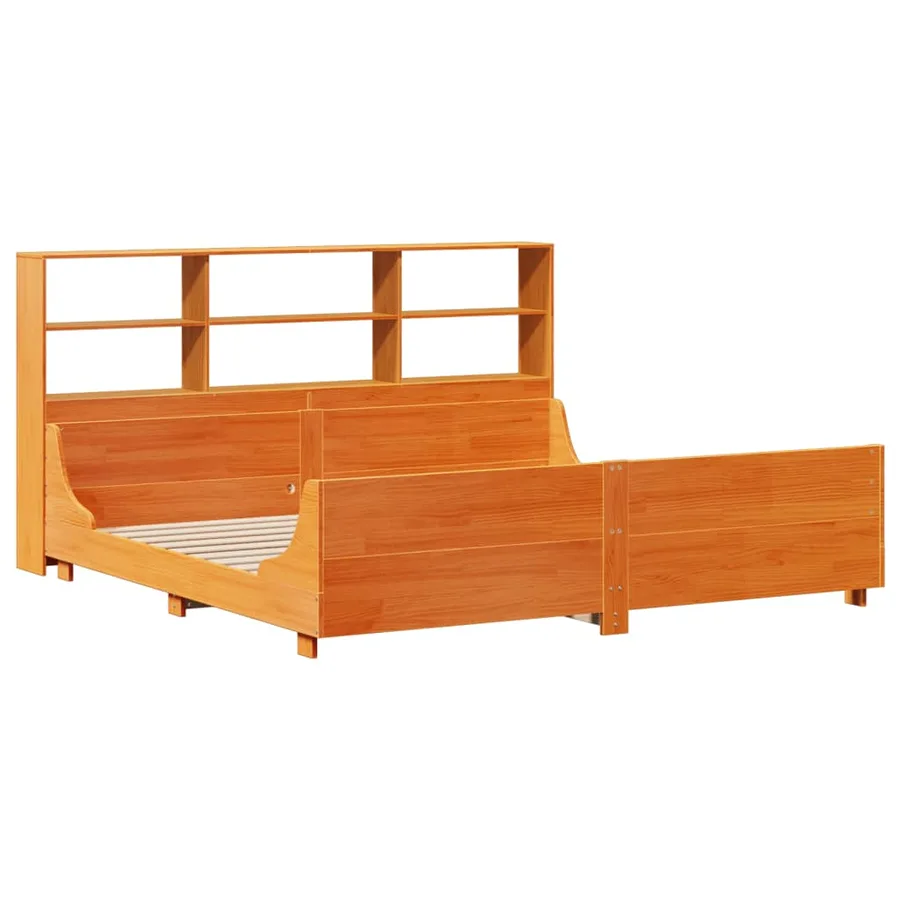 Lit bibliothèque sans matelas cire marron 200x200cm bois massif - 3