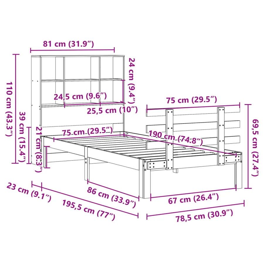 Lit bibliothèque sans matelas cire marron 75x190 cm pin massif - 11