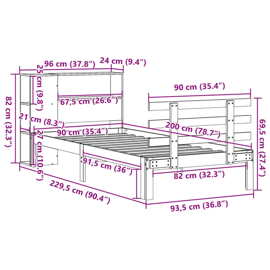 Lit bibliothèque sans matelas 90x200 cm bois de pin massif - 11