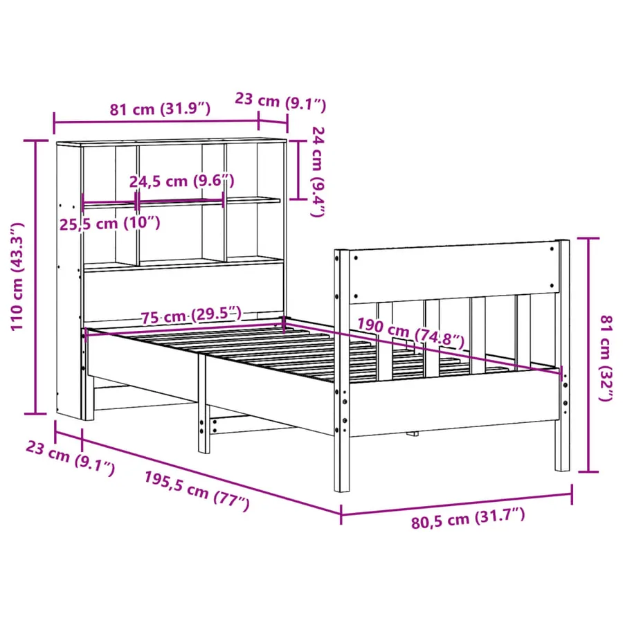 Cadre de lit sans matelas cire marron 75x190 cm bois pin massif - 12