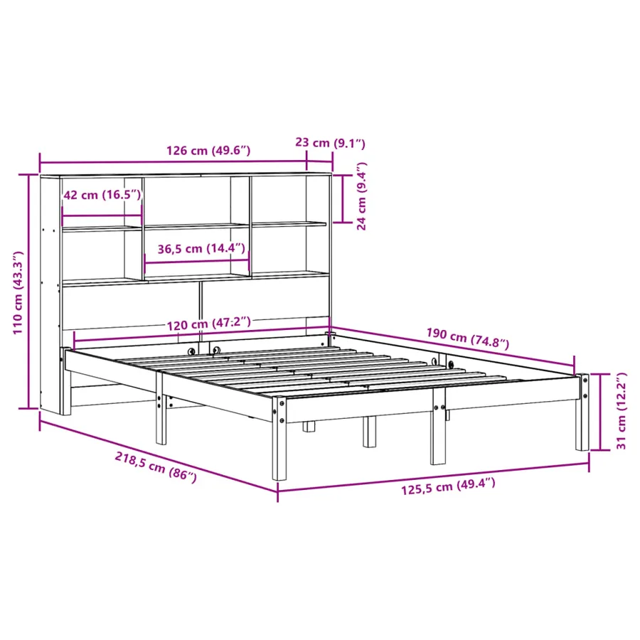 Lit bibliothèque sans matelas cire marron 120x190cm pin massif - 12