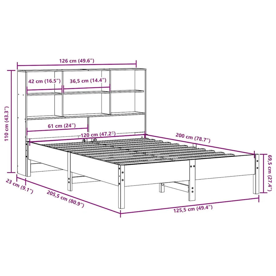 Lit bibliothèque sans matelas cire marron 120x200 cm pin massif - 11
