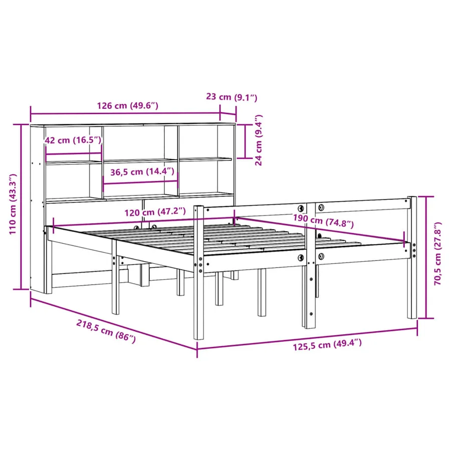 Lit bibliothèque sans matelas cire marron 120x190cm bois massif - 12
